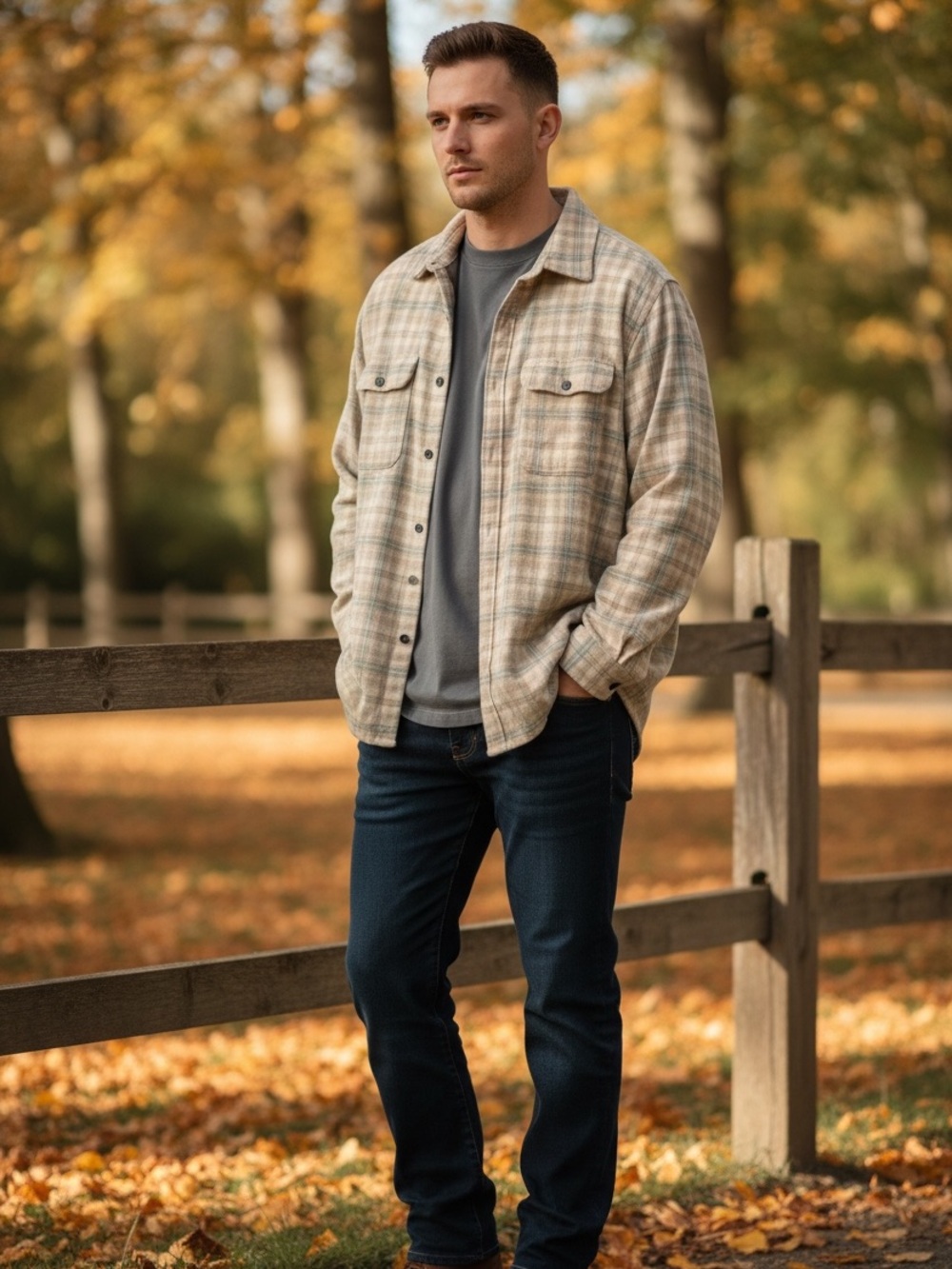 Men's Plaid Button-Up Shacket - Beige & Gray with fleece lining